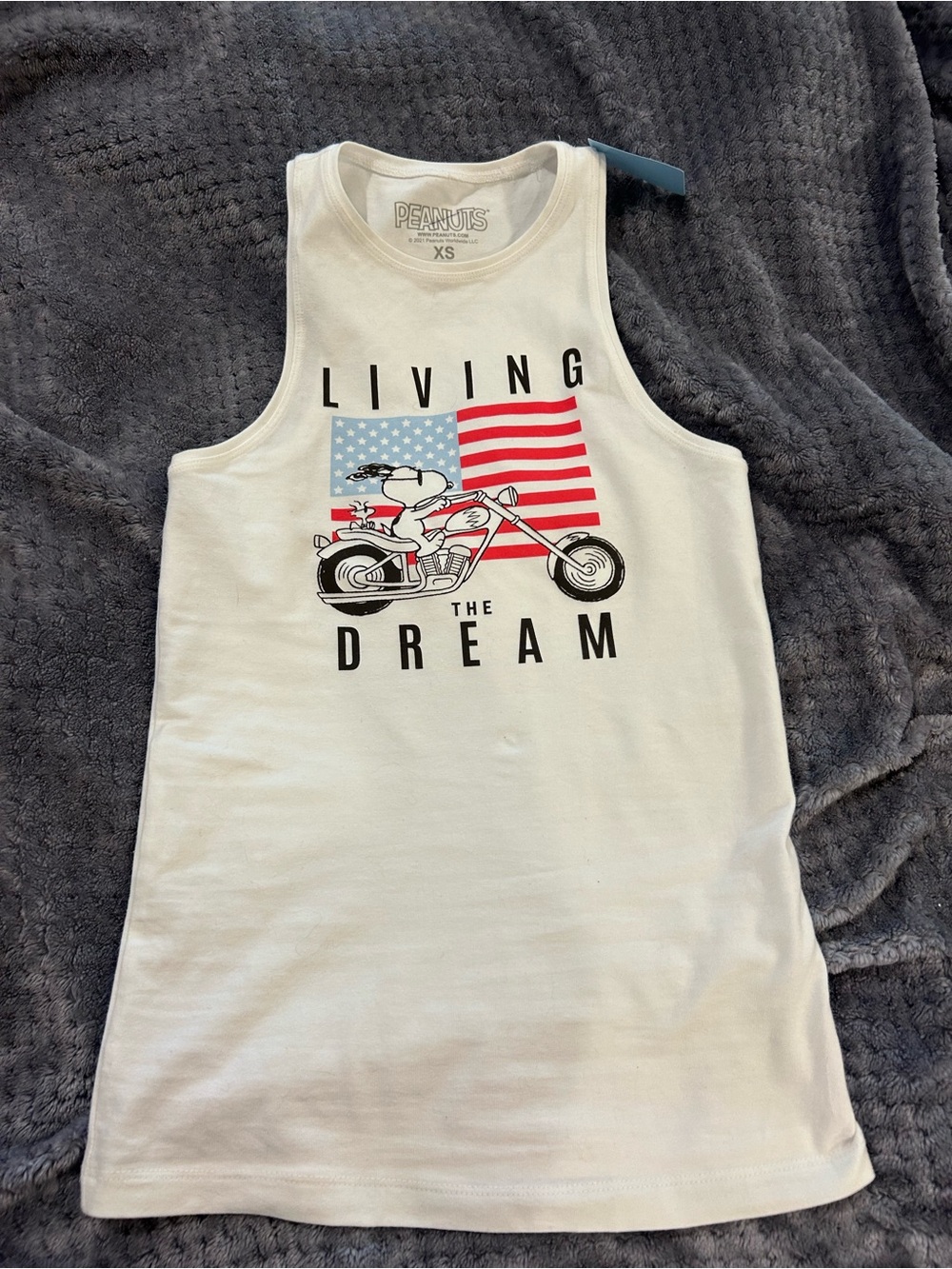 NWT Snoopy Peanuts Patriotic American Flag Motorcycle Living the Dream tank szXS